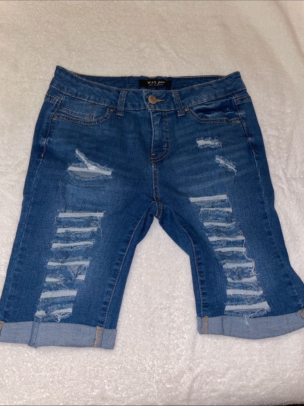 Wax Jean Ripped Denim Bermuda Shorts - Dark Blue